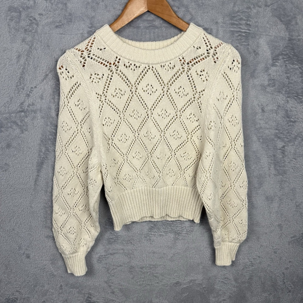 Sezane Abby Jumper Ecru Large Cotton Open Knit Sweater Cottagecore Preppy